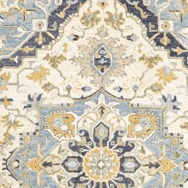 HomeRoots 3' Blue and Ivory Bohemian Runner Rug - Handcrafted Wool with Timeless Floral Motifs for Any Decor 3'6" x 5'6" 383594