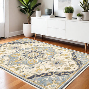 HomeRoots 3' Blue and Ivory Bohemian Runner Rug - Handcrafted Wool with Timeless Floral Motifs for Any Decor 3'6" x 5'6" 383594