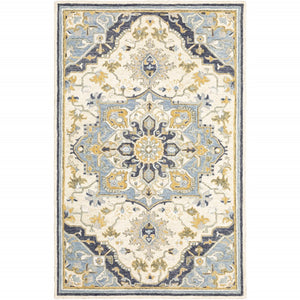 HomeRoots 3' Blue and Ivory Bohemian Runner Rug - Handcrafted Wool with Timeless Floral Motifs for Any Decor 5' x 8' 383595