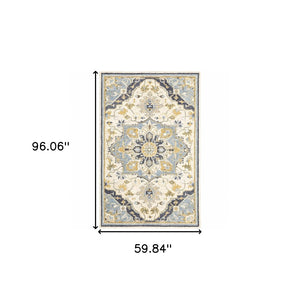 HomeRoots 3' Blue and Ivory Bohemian Runner Rug - Handcrafted Wool with Timeless Floral Motifs for Any Decor 5' x 8' 383595