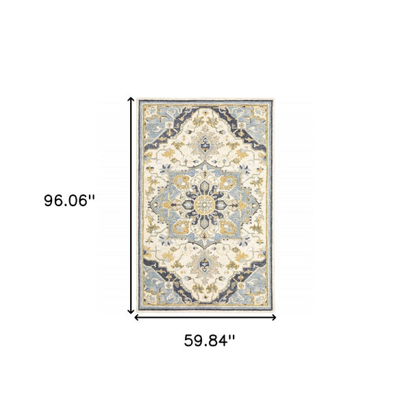 HomeRoots 3' Blue and Ivory Bohemian Runner Rug - Handcrafted Wool with Timeless Floral Motifs for Any Decor 5' x 8' 383595