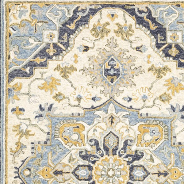 HomeRoots 3' Blue and Ivory Bohemian Runner Rug - Handcrafted Wool with Timeless Floral Motifs for Any Decor 5' x 8' 383595
