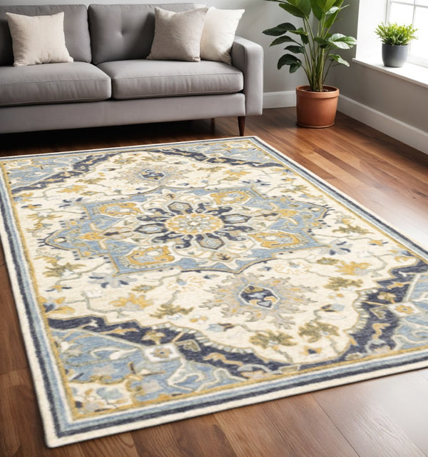 HomeRoots 3' Blue and Ivory Bohemian Runner Rug - Handcrafted Wool with Timeless Floral Motifs for Any Decor 5' x 8' 383595