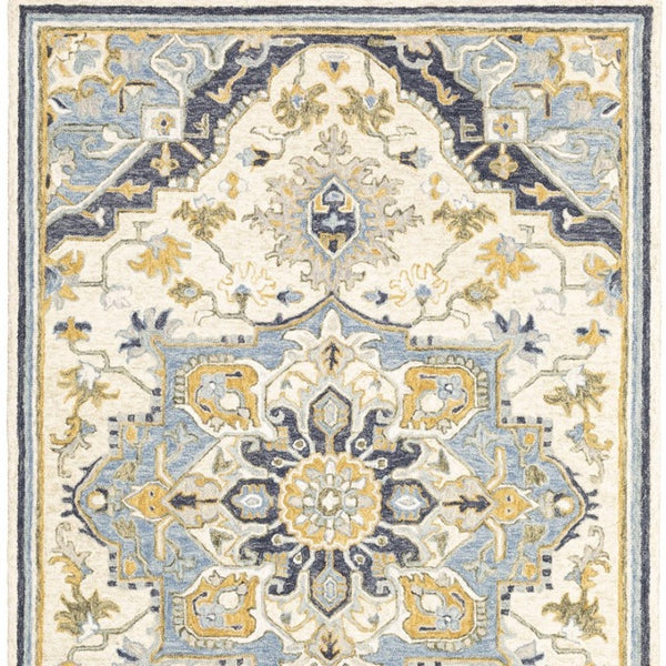 HomeRoots 3' Blue and Ivory Bohemian Runner Rug - Handcrafted Wool with Timeless Floral Motifs for Any Decor 8' x 10' 383596
