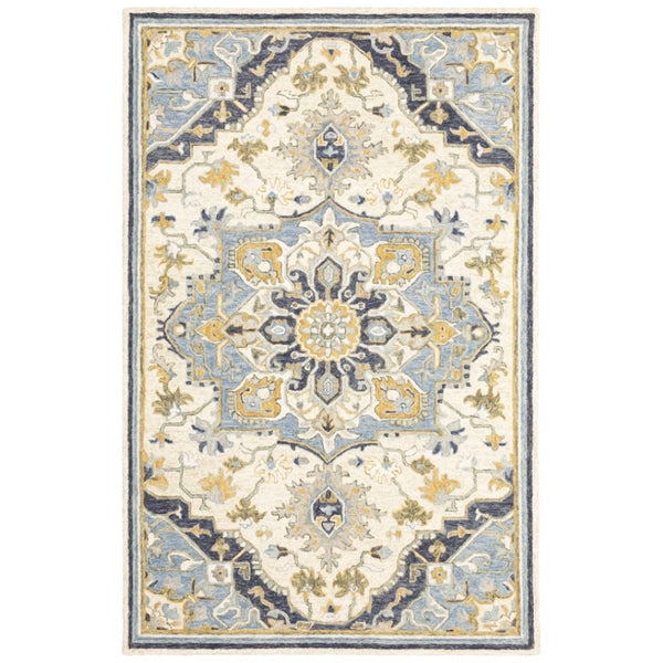 HomeRoots 3' Blue and Ivory Bohemian Runner Rug - Handcrafted Wool with Timeless Floral Motifs for Any Decor 8' x 10' 383596