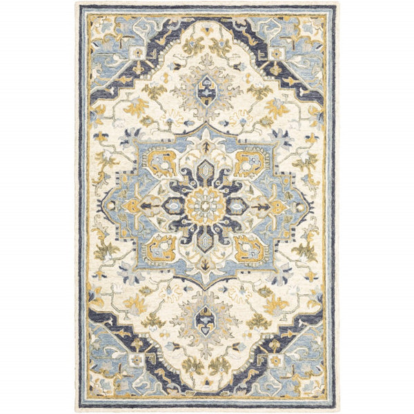 HomeRoots 3' Blue and Ivory Bohemian Runner Rug - Handcrafted Wool with Timeless Floral Motifs for Any Decor 10' x 13' 383597