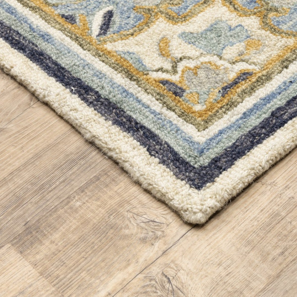 HomeRoots 3' Blue and Ivory Bohemian Runner Rug - Handcrafted Wool with Timeless Floral Motifs for Any Decor 10' x 13' 383597