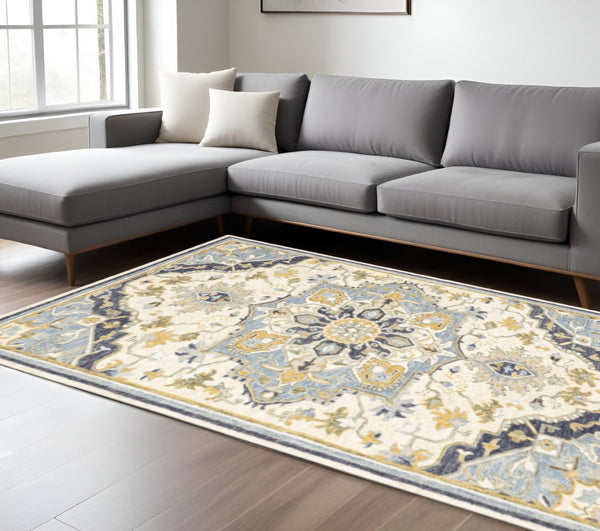HomeRoots 3' Blue and Ivory Bohemian Runner Rug - Handcrafted Wool with Timeless Floral Motifs for Any Decor 10' x 13' 383597