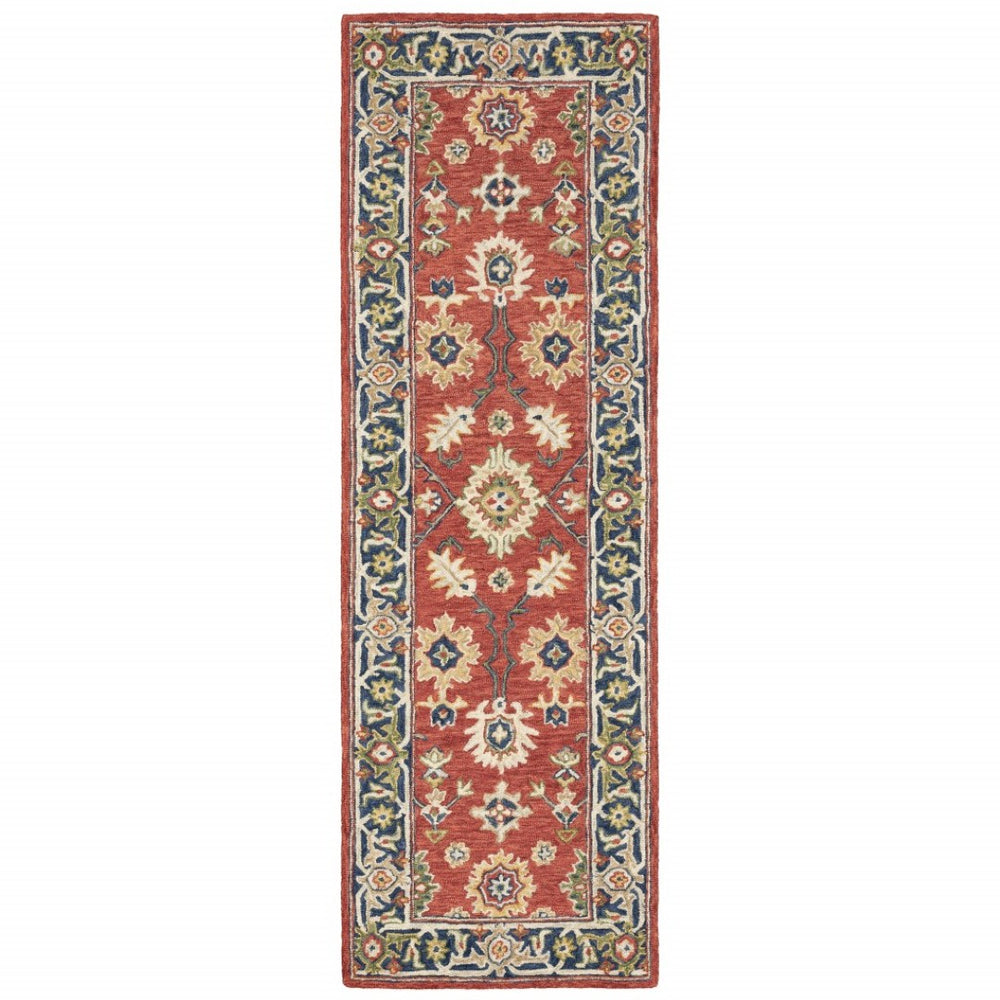 HomeRoots 8' Hand-Tufted Wool Runner Rug in Vibrant Red and Green – Perfect for Hallways and Entryways Red/ Blue 2'6" x 8' 383598