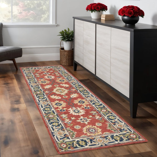 HomeRoots 8' Hand-Tufted Wool Runner Rug in Vibrant Red and Green – Perfect for Hallways and Entryways Red/ Blue 2'6" x 8' 383598