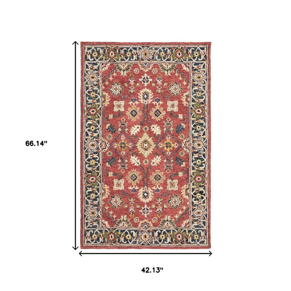 HomeRoots 8' Hand-Tufted Wool Runner Rug in Vibrant Red and Green – Perfect for Hallways and Entryways Red/ Blue 3'6" x 5'6" 383599
