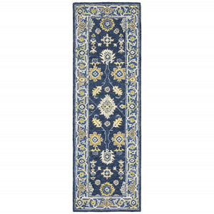 HomeRoots 8' Hand-Tufted Blue and Gold Wool Runner Rug – Elegant, Durable Accent for Hallways and Entryways Navy/ Blue 2'6" x 8' 383603