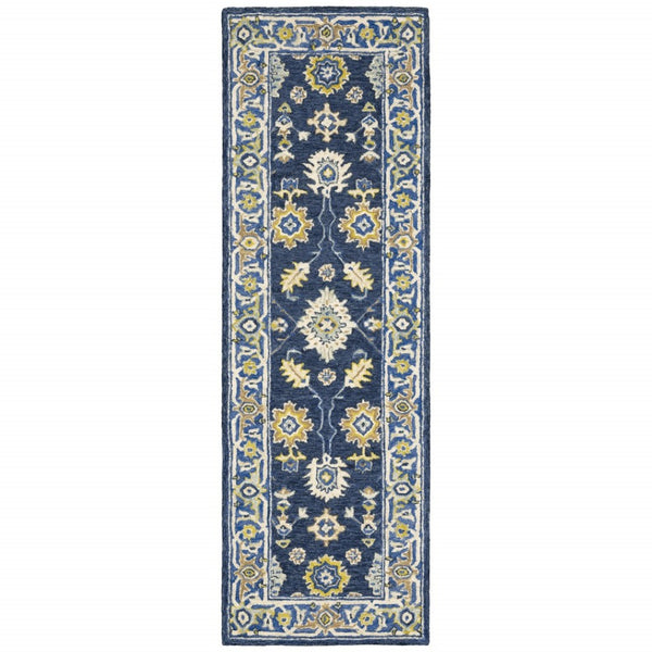 HomeRoots 8' Hand-Tufted Blue and Gold Wool Runner Rug – Elegant, Durable Accent for Hallways and Entryways Navy/ Blue 2'6" x 8' 383603