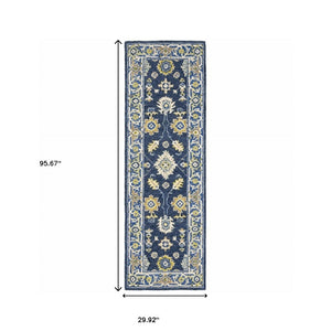 HomeRoots 8' Hand-Tufted Blue and Gold Wool Runner Rug – Elegant, Durable Accent for Hallways and Entryways Navy/ Blue 2'6" x 8' 383603