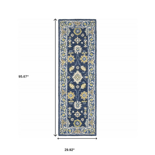 HomeRoots 8' Hand-Tufted Blue and Gold Wool Runner Rug – Elegant, Durable Accent for Hallways and Entryways Navy/ Blue 2'6" x 8' 383603