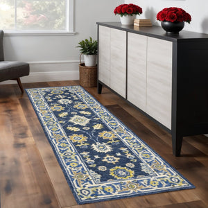 HomeRoots 8' Hand-Tufted Blue and Gold Wool Runner Rug – Elegant, Durable Accent for Hallways and Entryways Navy/ Blue 2'6" x 8' 383603