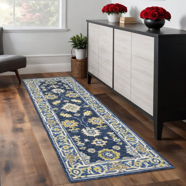 HomeRoots 8' Hand-Tufted Blue and Gold Wool Runner Rug – Elegant, Durable Accent for Hallways and Entryways Navy/ Blue 2'6" x 8' 383603