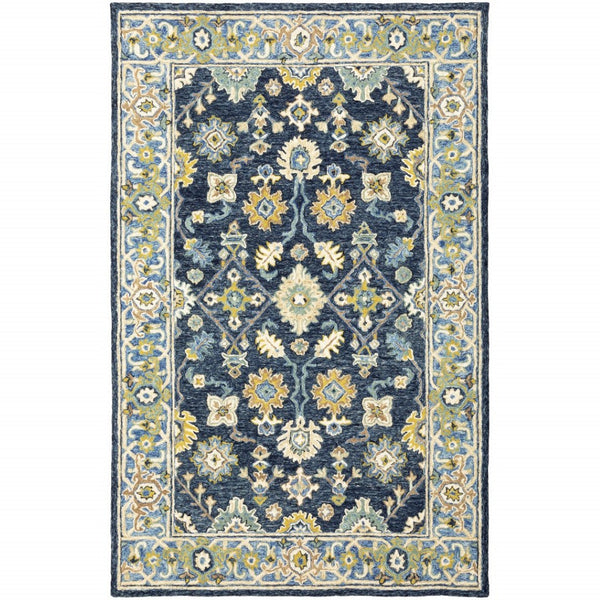 HomeRoots 8' Hand-Tufted Blue and Gold Wool Runner Rug – Elegant, Durable Accent for Hallways and Entryways Navy/ Blue 3'6" x 5'6" 383604