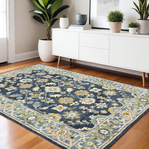 HomeRoots 8' Hand-Tufted Blue and Gold Wool Runner Rug – Elegant, Durable Accent for Hallways and Entryways Navy/ Blue 3'6" x 5'6" 383604