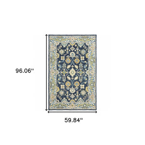 HomeRoots 8' Hand-Tufted Blue and Gold Wool Runner Rug – Elegant, Durable Accent for Hallways and Entryways Navy/ Blue 5' x 8' 383605