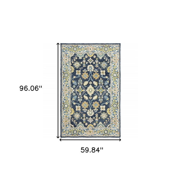 HomeRoots 8' Hand-Tufted Blue and Gold Wool Runner Rug – Elegant, Durable Accent for Hallways and Entryways Navy/ Blue 5' x 8' 383605
