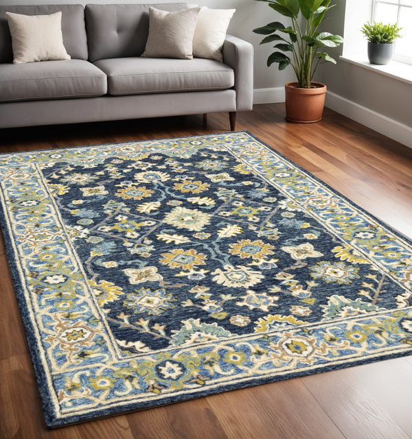 HomeRoots 8' Hand-Tufted Blue and Gold Wool Runner Rug – Elegant, Durable Accent for Hallways and Entryways Navy/ Blue 5' x 8' 383605