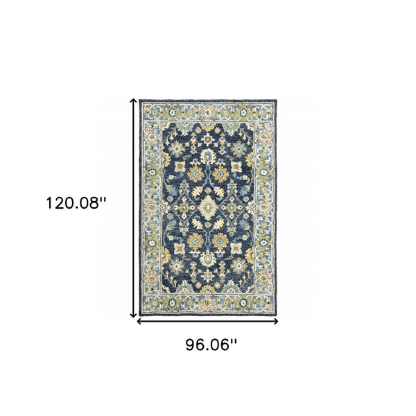 HomeRoots 8' Hand-Tufted Blue and Gold Wool Runner Rug – Elegant, Durable Accent for Hallways and Entryways Navy/ Blue 8' x 10' 383606