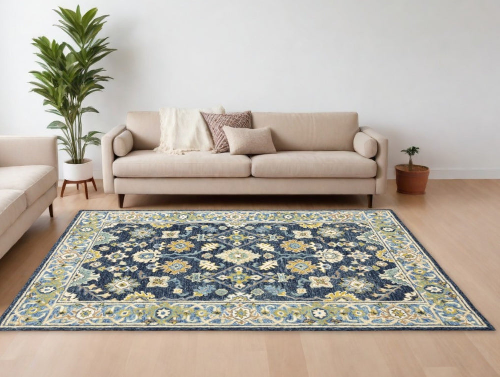 Homeroots 8' X 10' Navy And Blue Bohemian Rug Navy,Blue Wool 383606