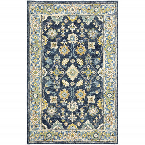 HomeRoots 8' Hand-Tufted Blue and Gold Wool Runner Rug – Elegant, Durable Accent for Hallways and Entryways Navy/ Blue 10' x 13' 383607