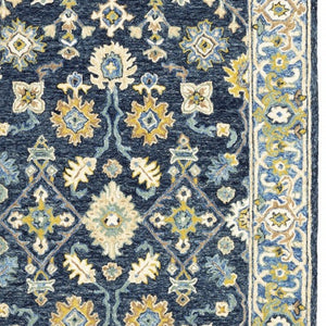 HomeRoots 8' Hand-Tufted Blue and Gold Wool Runner Rug – Elegant, Durable Accent for Hallways and Entryways Navy/ Blue 10' x 13' 383607