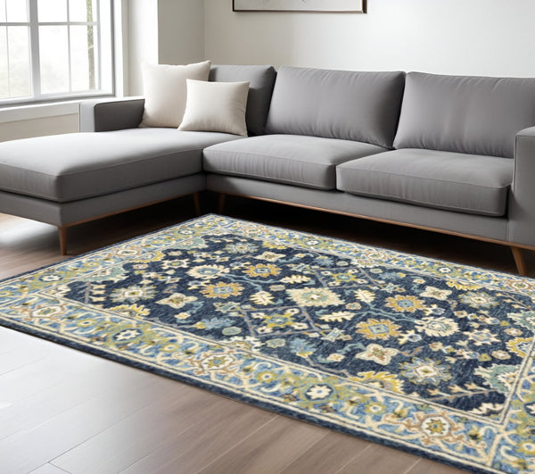 HomeRoots 8' Hand-Tufted Blue and Gold Wool Runner Rug – Elegant, Durable Accent for Hallways and Entryways Navy/ Blue 10' x 13' 383607