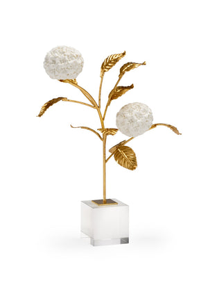 Chelsea House Small Porcelain Hydrangea On Crystal Stand — Matte White Blossoms, Antique Gold Leaves, 16" Elegant Accent 383614