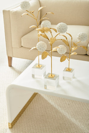Chelsea House Small Porcelain Hydrangea On Crystal Stand — Matte White Blossoms, Antique Gold Leaves, 16" Elegant Accent 383614