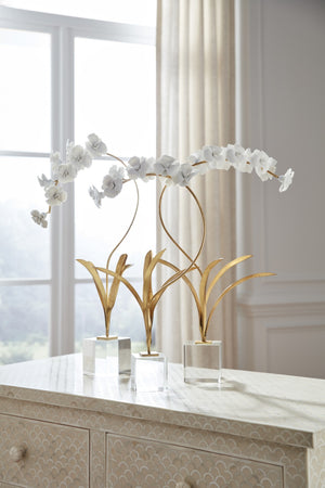 Chelsea House Small Orchid On Stand — Handcrafted Matte White Porcelain Blooms, Antique Gold Leaf Stem, Crystal Base Elegance 383616