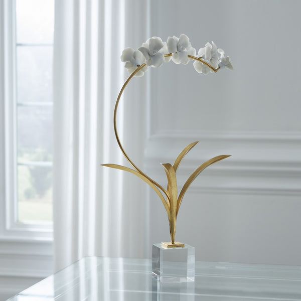 Chelsea House Small Orchid On Stand — Handcrafted Matte White Porcelain Blooms, Antique Gold Leaf Stem, Crystal Base Elegance 383616