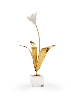 Chelsea House Small Porcelain Tulip On Crystal Stand — Handcrafted Matte White Bloom, Antique Gold Stem, Compact 20" Accent Sculpture 383618
