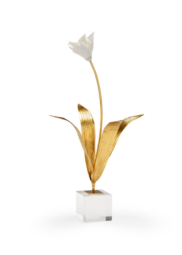 Chelsea House Small Porcelain Tulip On Crystal Stand — Handcrafted Matte White Bloom, Antique Gold Stem, Compact 20" Accent Sculpture 383618