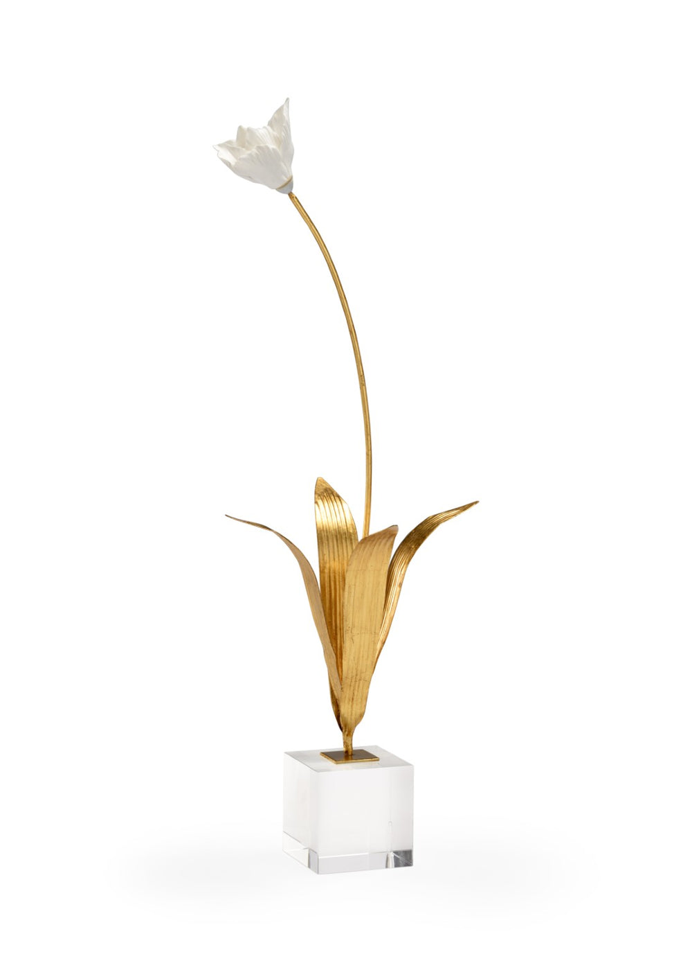 Chelsea House Large Tulip On Stand — Handcrafted Matte Porcelain Blossom With Antique Gold Leaves & Crystal Base, 26"H 383619