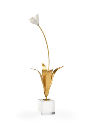 Chelsea House Large Tulip On Stand — Handcrafted Matte Porcelain Blossom With Antique Gold Leaves & Crystal Base, 26"H 383619