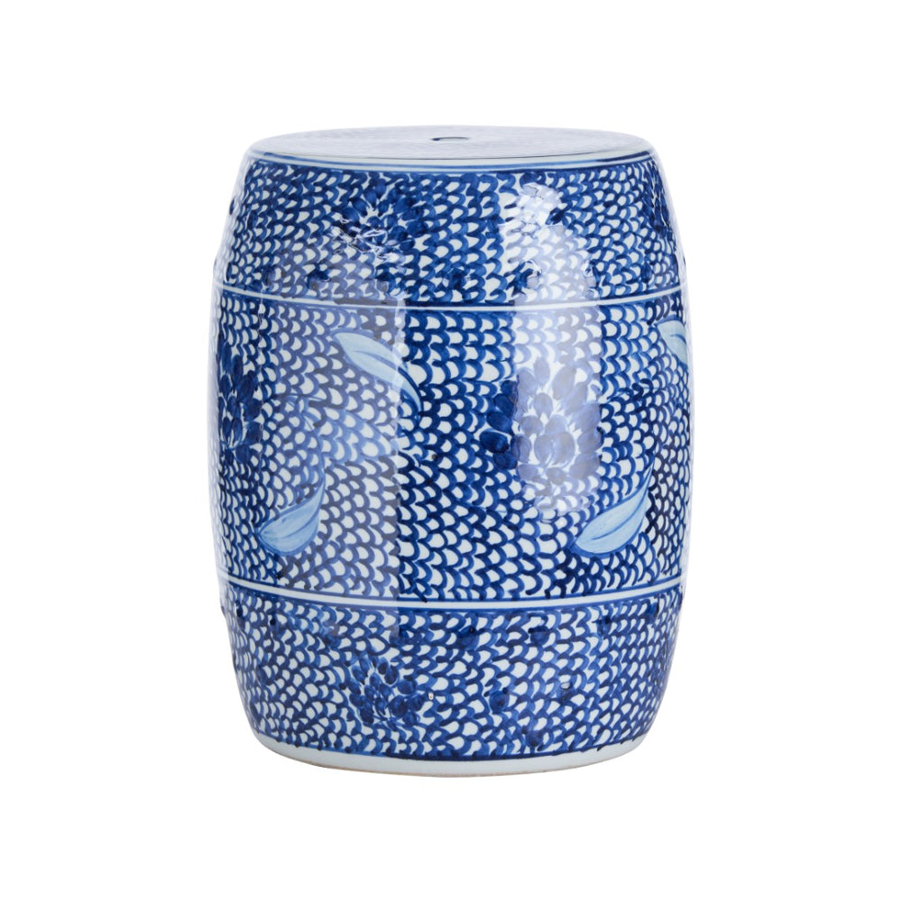 Chelsea House Zue Ceramic Garden Seat 16"H X13"W Compact Glossy White With Hand-Painted Blue Motif, Versatile Accent 383620