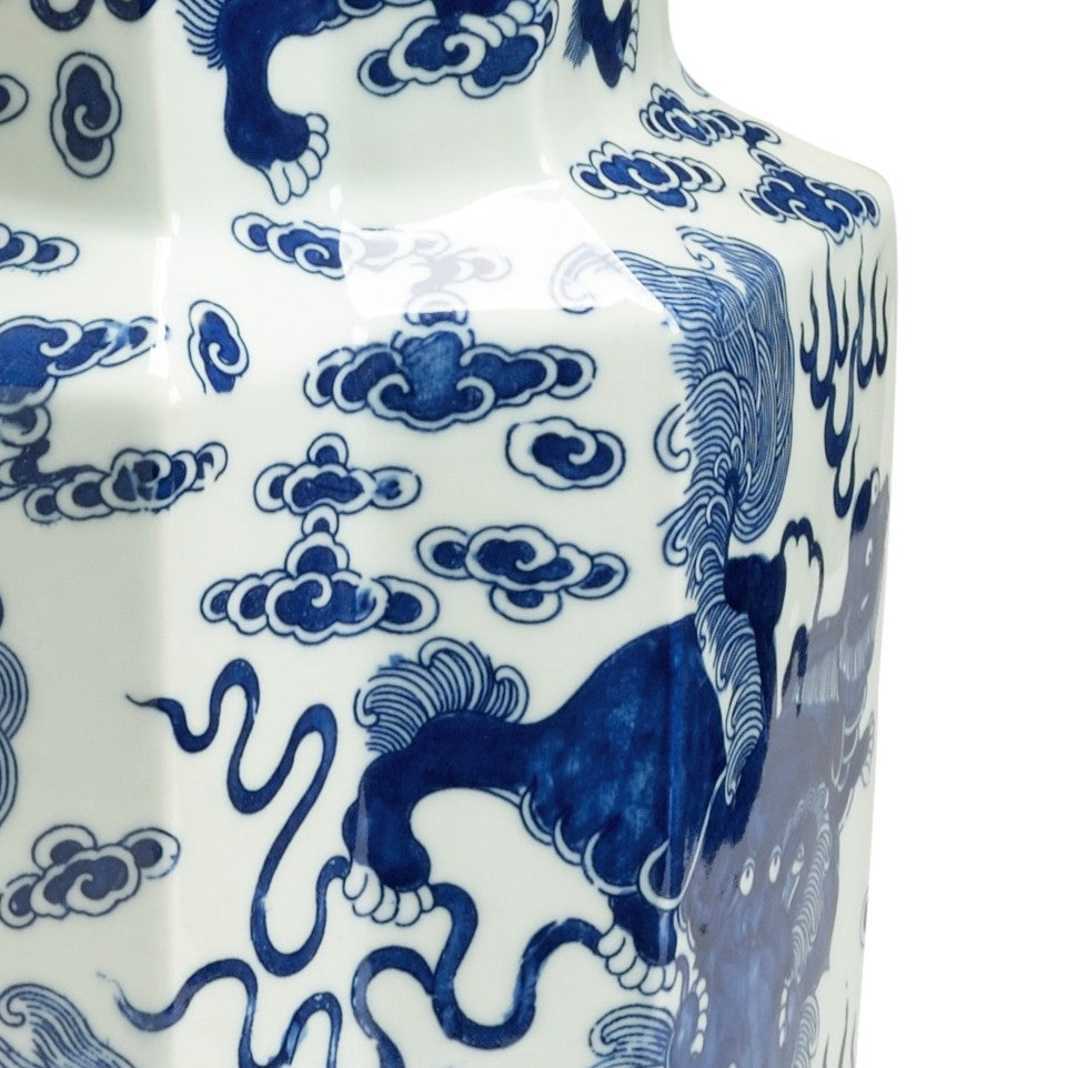 Chelsea House Ming Octagonal Vase With Hand-Painted Blue Foo Dogs, 17" H White Glazed Ceramic Accent For Mantel Decor 383626
