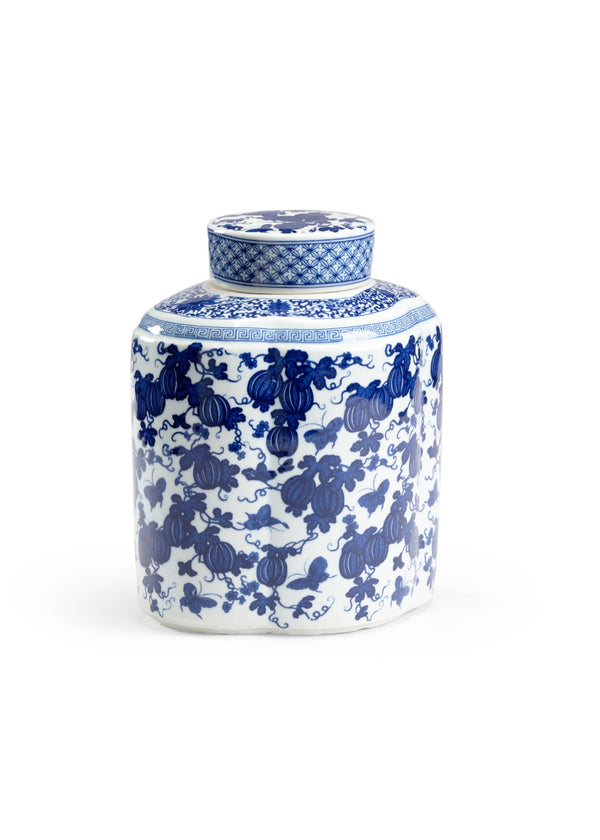 Chelsea House Tang Covered Vase With Hand-Painted Blue Motifs, White Glazed Ceramic Centerpiece For Mantels 383631
