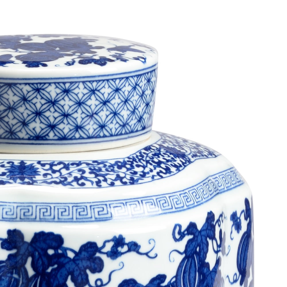 Chelsea House Tang Covered Vase With Hand-Painted Blue Motifs, White Glazed Ceramic Centerpiece For Mantels 383631