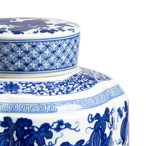 Chelsea House Tang Covered Vase With Hand-Painted Blue Motifs, White Glazed Ceramic Centerpiece For Mantels 383631