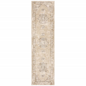 HomeRoots 8' Beige and Ivory Medallion Runner Rug - Distressed Floral Design for Elegant Hallways & Entryways 2'3" x 8' 383637