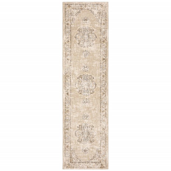 HomeRoots 8' Beige and Ivory Medallion Runner Rug - Distressed Floral Design for Elegant Hallways & Entryways 2'3" x 8' 383637