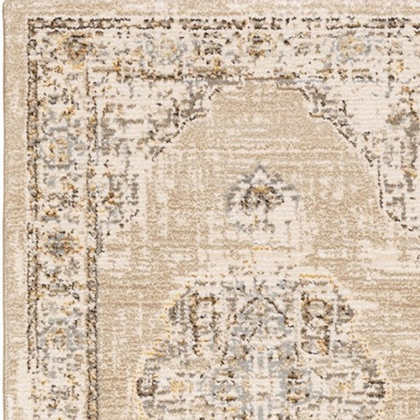 HomeRoots 8' Beige and Ivory Medallion Runner Rug - Distressed Floral Design for Elegant Hallways & Entryways 2'3" x 8' 383637
