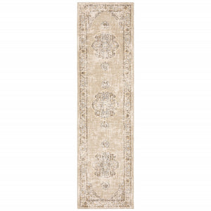 HomeRoots 8' Beige and Ivory Medallion Runner Rug - Distressed Floral Design for Elegant Hallways & Entryways 2'3" x 8' 383637