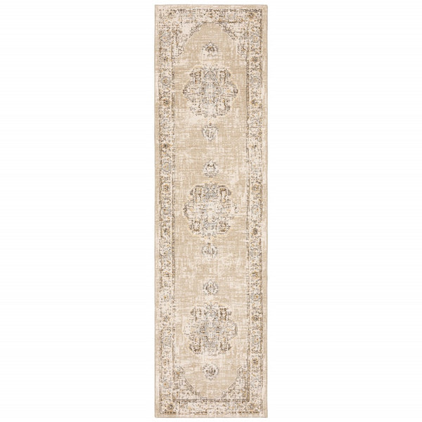 HomeRoots 8' Beige and Ivory Medallion Runner Rug - Distressed Floral Design for Elegant Hallways & Entryways 2'3" x 8' 383637