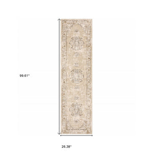 HomeRoots 8' Beige and Ivory Medallion Runner Rug - Distressed Floral Design for Elegant Hallways & Entryways 2'3" x 8' 383637